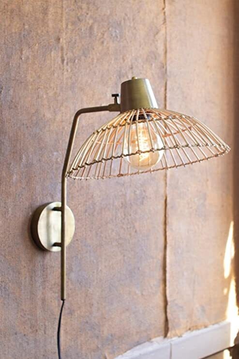 Antique Brass Finish Wall Lamp w/Rattan Shade 10.5" x 14.5" x 24.5"t Antique Brass Finish Wall Lamp w/Rattan Shade 10.5" x 14.5" x 24.5"t