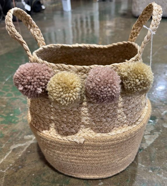 Seagrass & Cotton Folding Basket w/Pom Poms-Med Seagrass & Cotton Folding Basket w/Pom Poms-Med