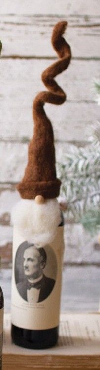 Felt Santa Wine Topper with Curly Hat-Dk Brown Felt Santa Wine Topper with Curly Hat-Dk Brown