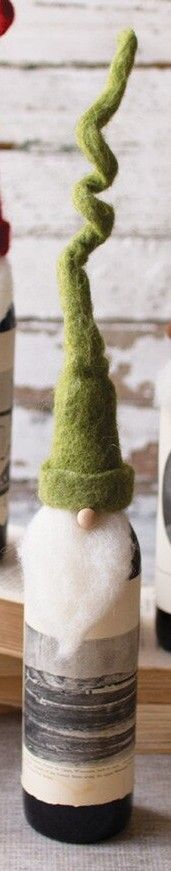 Felt Santa Wine Topper with Curly Hat-Green Felt Santa Wine Topper with Curly Hat-Green