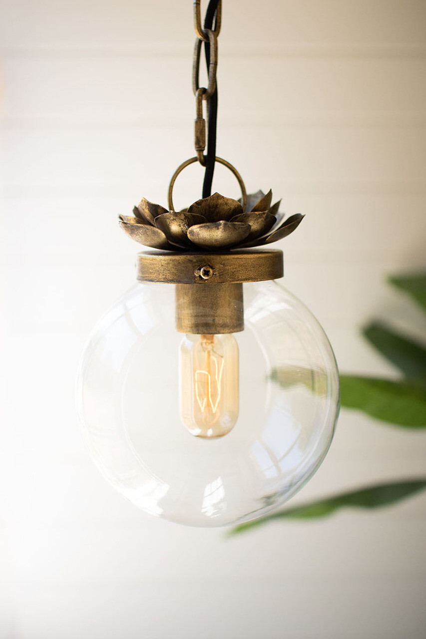 Glass Ball Pendant Light w/Brass Leaves Detail Glass Ball Pendant Light w/Brass Leaves Detail
