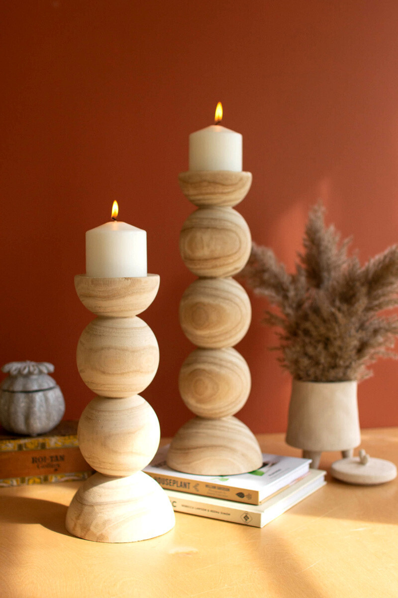 S/2 Hand Carved Wooden Stacked Ball Candle Holders