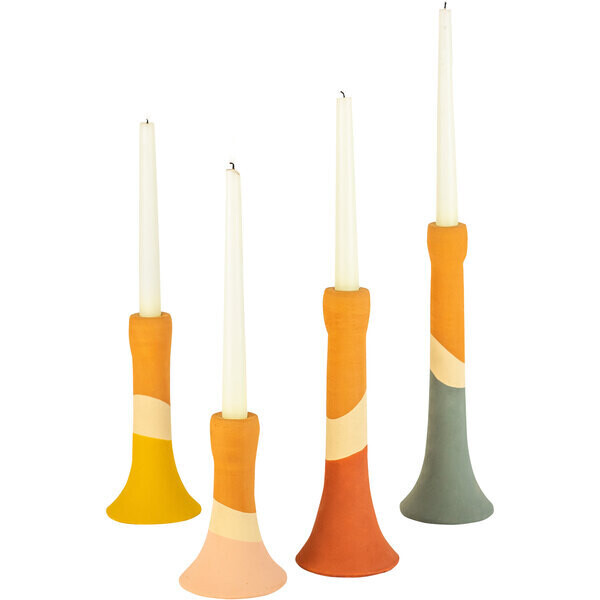 S/4 Clay Multi-Color Striped Taper Candle Holders S/4 Clay Multi-Color Striped Taper Candle Holders