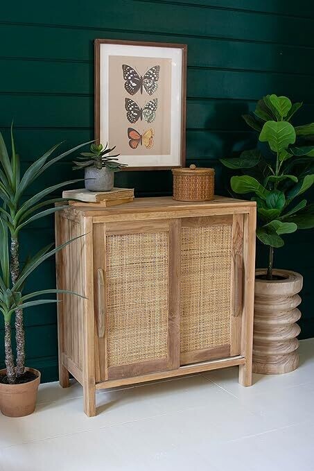 Wooden Cabinet w/Sliding Doors & Woven Cane Detail Wooden Cabinet w/Sliding Doors & Woven Cane Detail