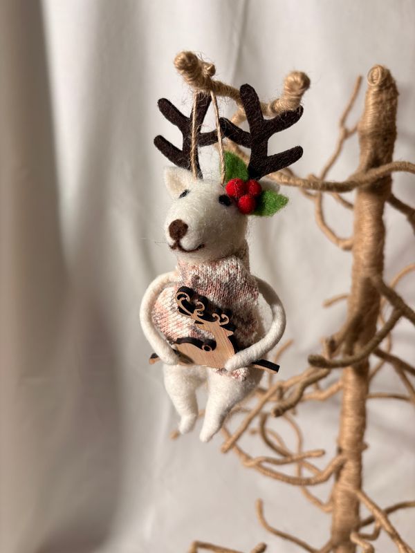 Felt Beige Reindeer w/Scarf Ornament