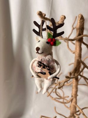 Felt Beige Reindeer w/Scarf Ornament