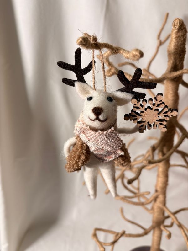 Felt Beige Reindeer w/Vest Ornament