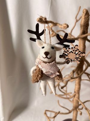 Felt Beige Reindeer w/Vest Ornament