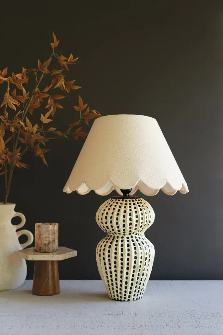 Paper Mache Lamp w/Black Vertical Dots & Scalloped Fabric Shade Paper Mache Lamp w/Black Vertical Dots & Scalloped Fabric Shade