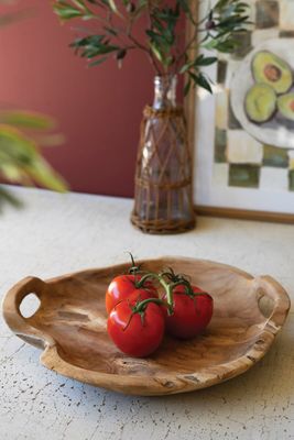 Round Teak Wood Bowl w/Handles