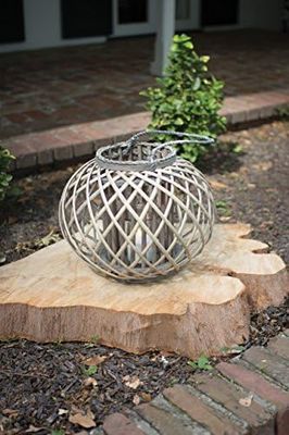 Low Round Grey Willow Lantern w/Glass - Small