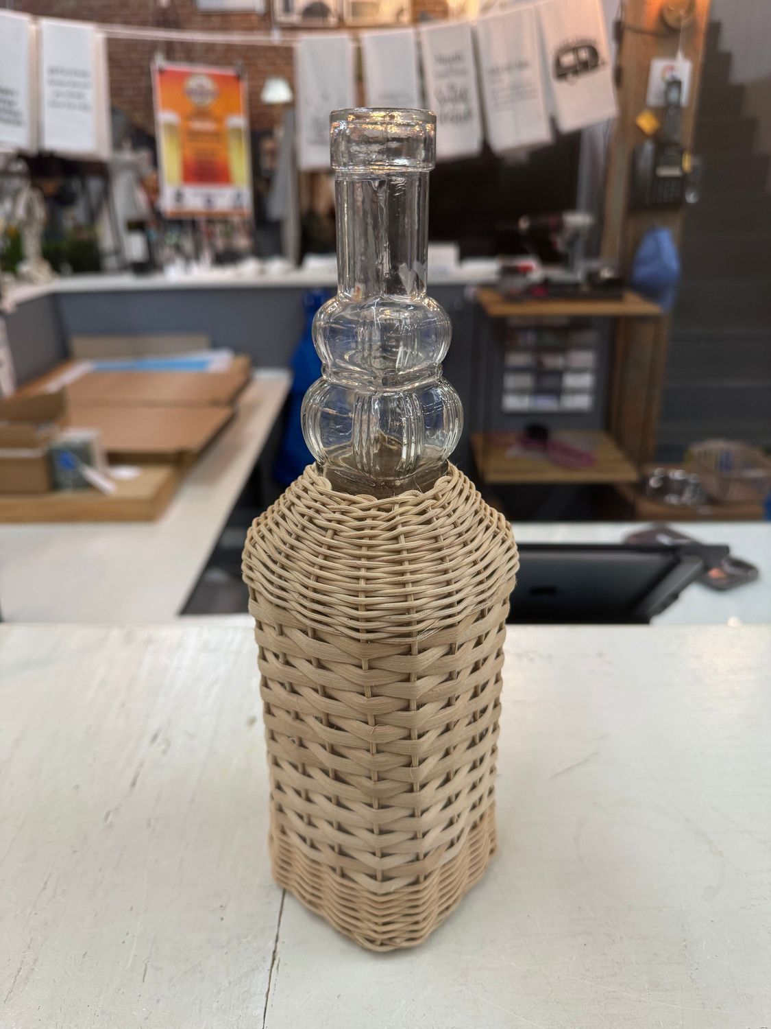 Glass Bottle Bud Vase w/Wicker Wrap Sm