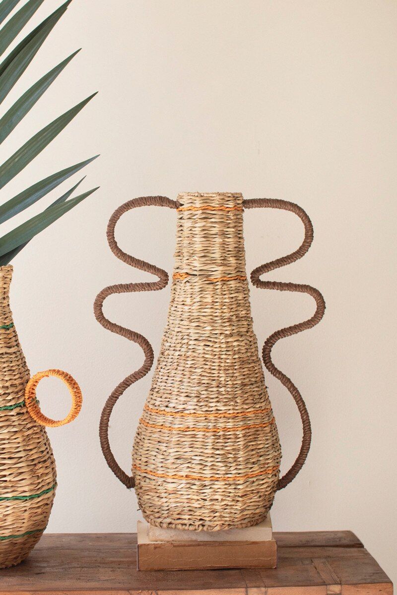 Recycled Paper & Seagrass Vase w/Squiggle Handles Recycled Paper & Seagrass Vase w/Squiggle Handles
