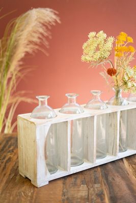 Five Glass Bud Vases in a Wooden Crate - Antique White