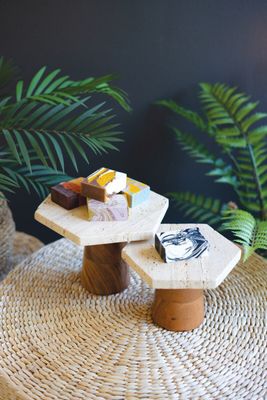 Travertine Display Pedestal w/Mango Wood Base Sm