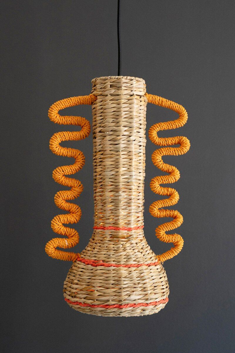 Recycled Paper Rope &amp; Iron Pendant Light w/Squiggle Detail