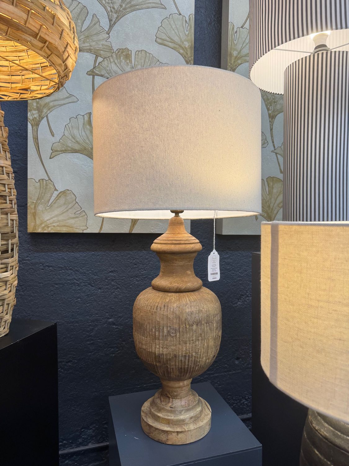 Carved Lines Wooden Table Lamp w/Fabric Shade