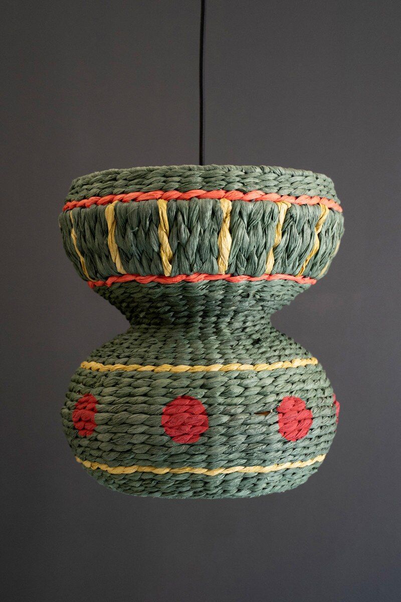 Recycled Paper Rope &amp; Iron Pendant Light - Dark Green