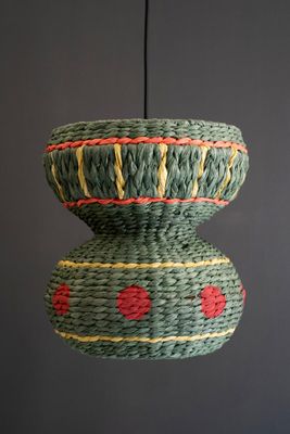 Recycled Paper Rope &amp; Iron Pendant Light - Dark Green
