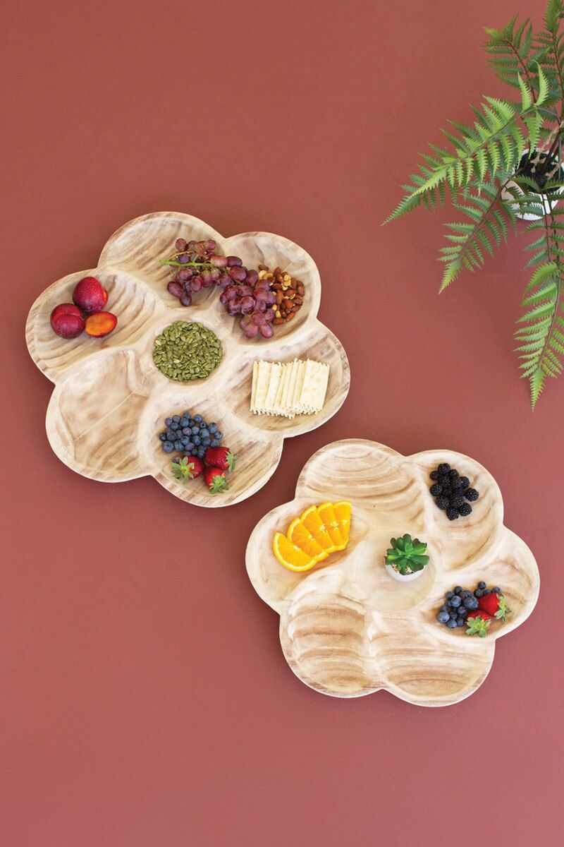 Carved Wood Flower Petal Platter Lg