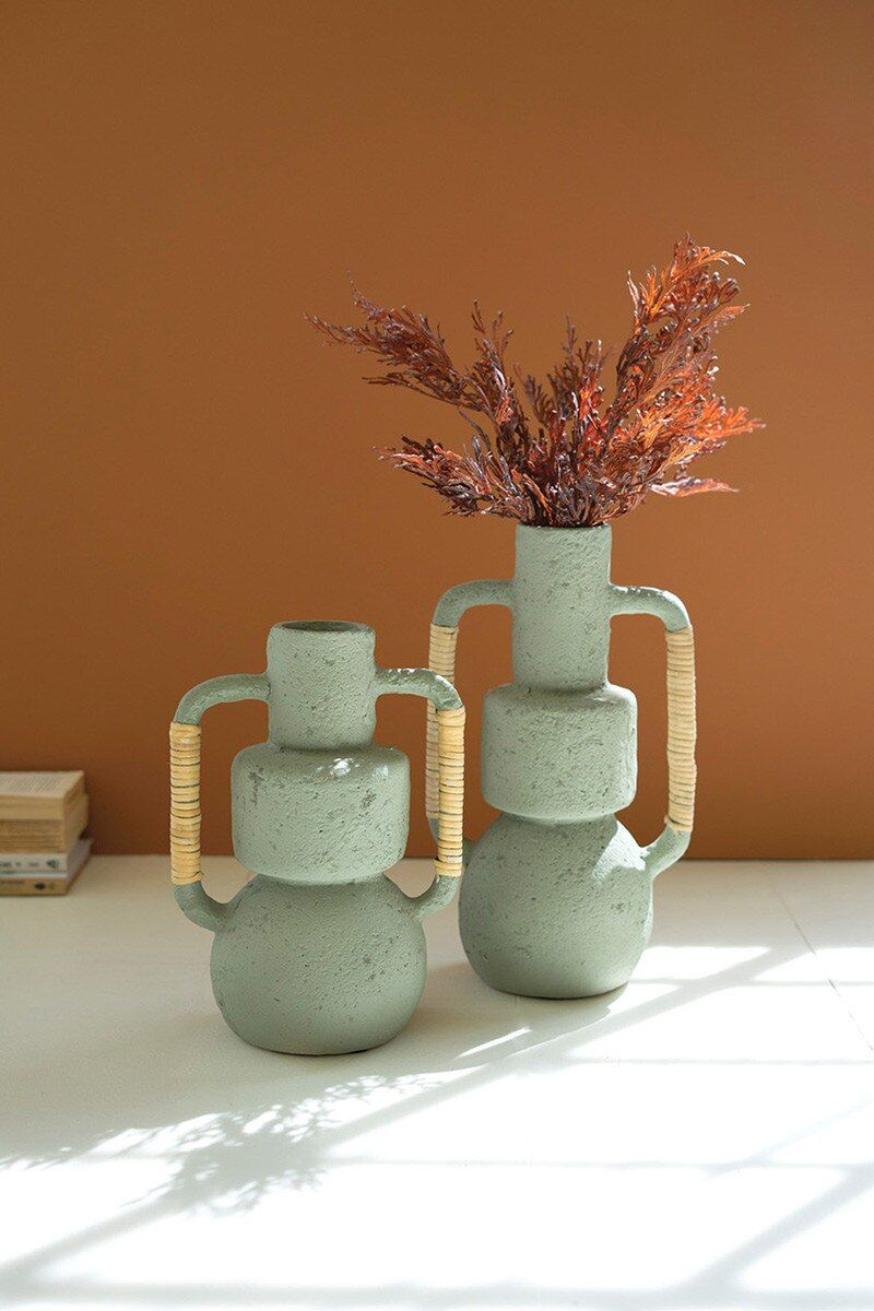 Paper Mache Vases w/Cane Handles - Mint Sm