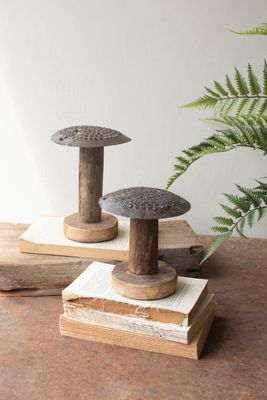 Repurposed Iron Mushroom w/Wooden Base Lg