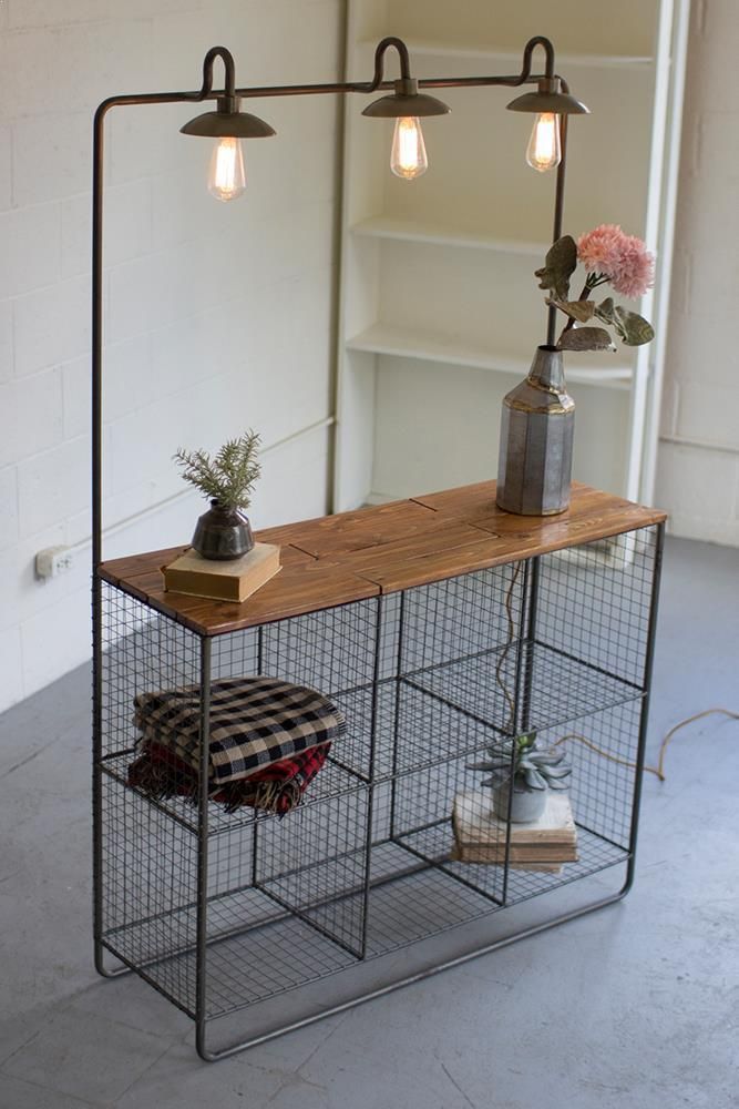 Wall Display w/3 Lights-6 Wire Cubbies &amp; Wood Shelf