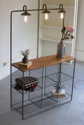 Wall Display w/3 Lights-6 Wire Cubbies &amp; Wood Shelf