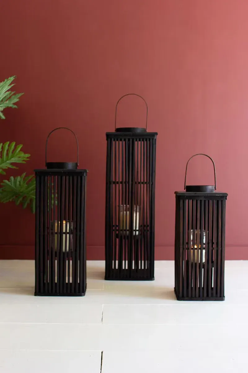 Tall Brown Rectangle Bamboo Lantern w/Glass Insert Sm