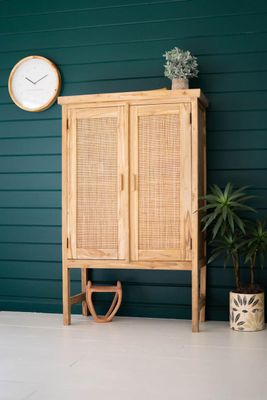 Large Two Door Wooden Cabinet w/ Woven Cane Detail