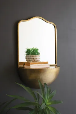 Antique Brass Metal Framed Mirror w/Demi-Lune Shelf