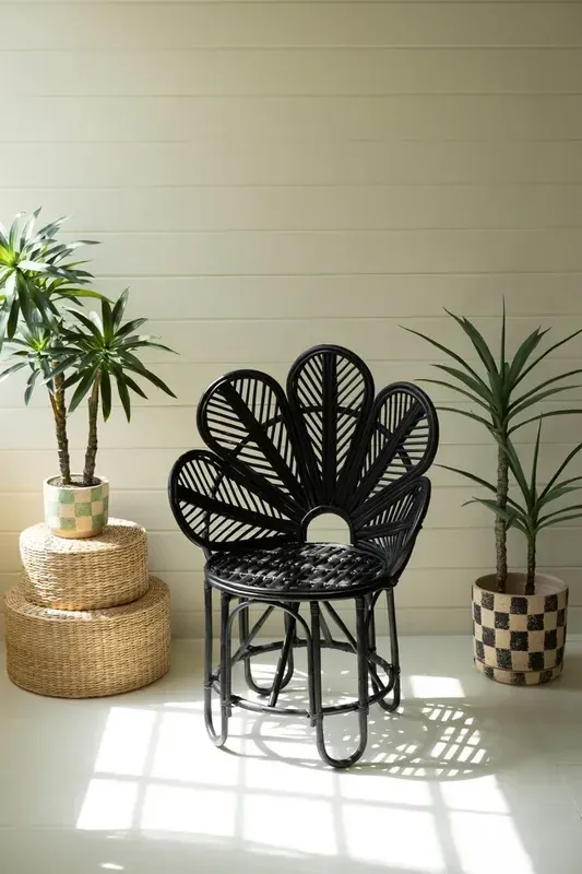 Flower Cane Chair w/Rattan Foot Stool - Black