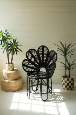 Flower Cane Chair w/Rattan Foot Stool - Black