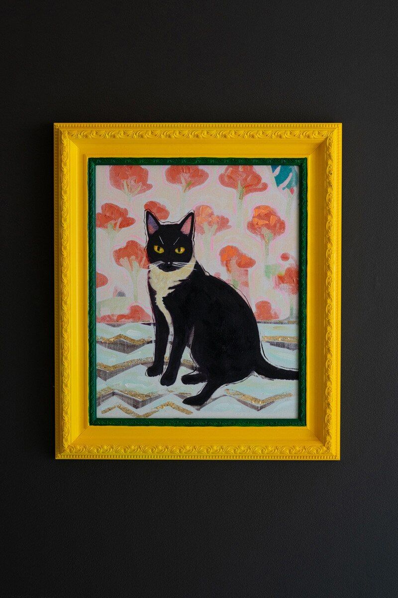 Yellow and Green Framed Acrylic Painting - Cat