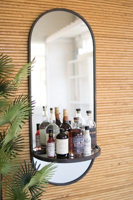 Tall Oval Wall Mirror w/Folding Metal Shelf