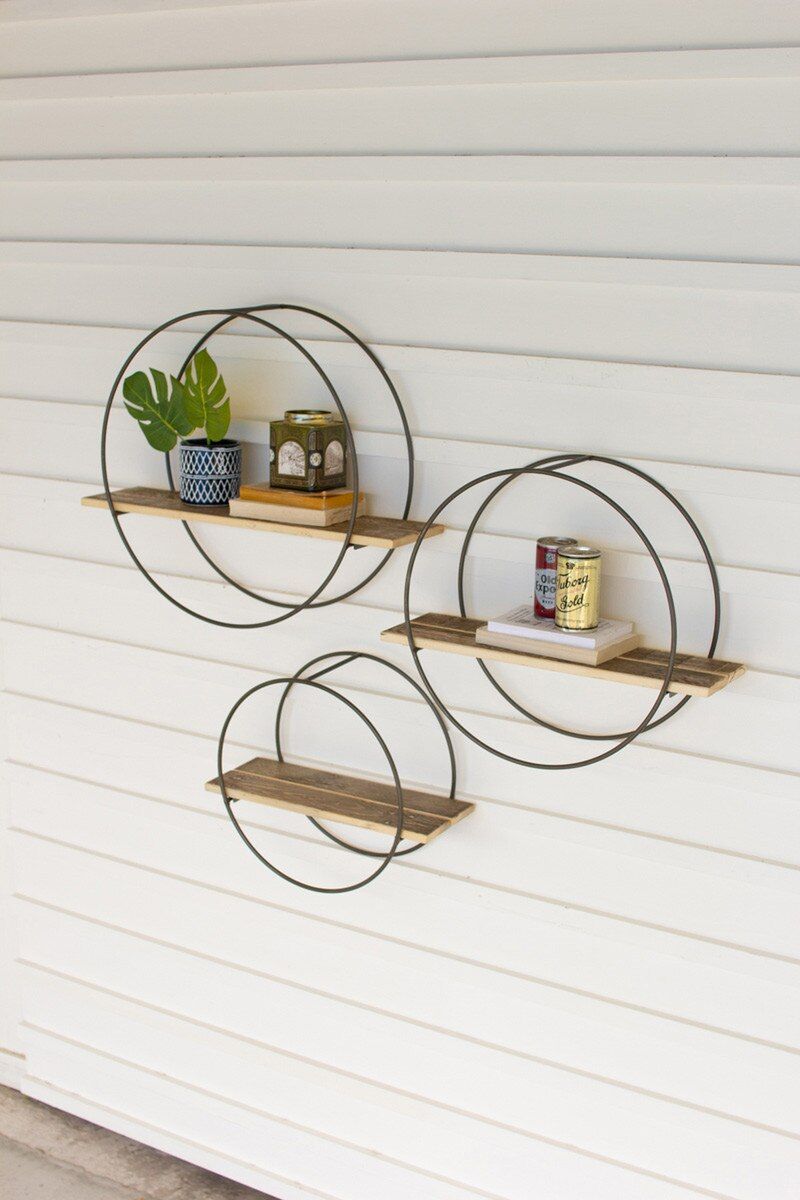 Recycled Wood Shelf w/Round Metal Frame Lg