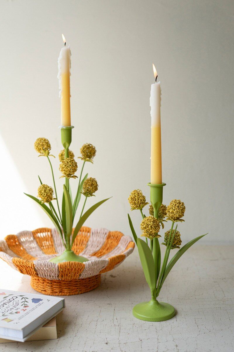 Painted Metal Yellow Flowers Taper Candle Holder Sm