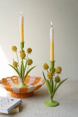 Painted Metal Yellow Flowers Taper Candle Holder Sm
