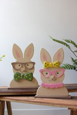 Painted Wood Easter Bunny w/Glasses - Pink