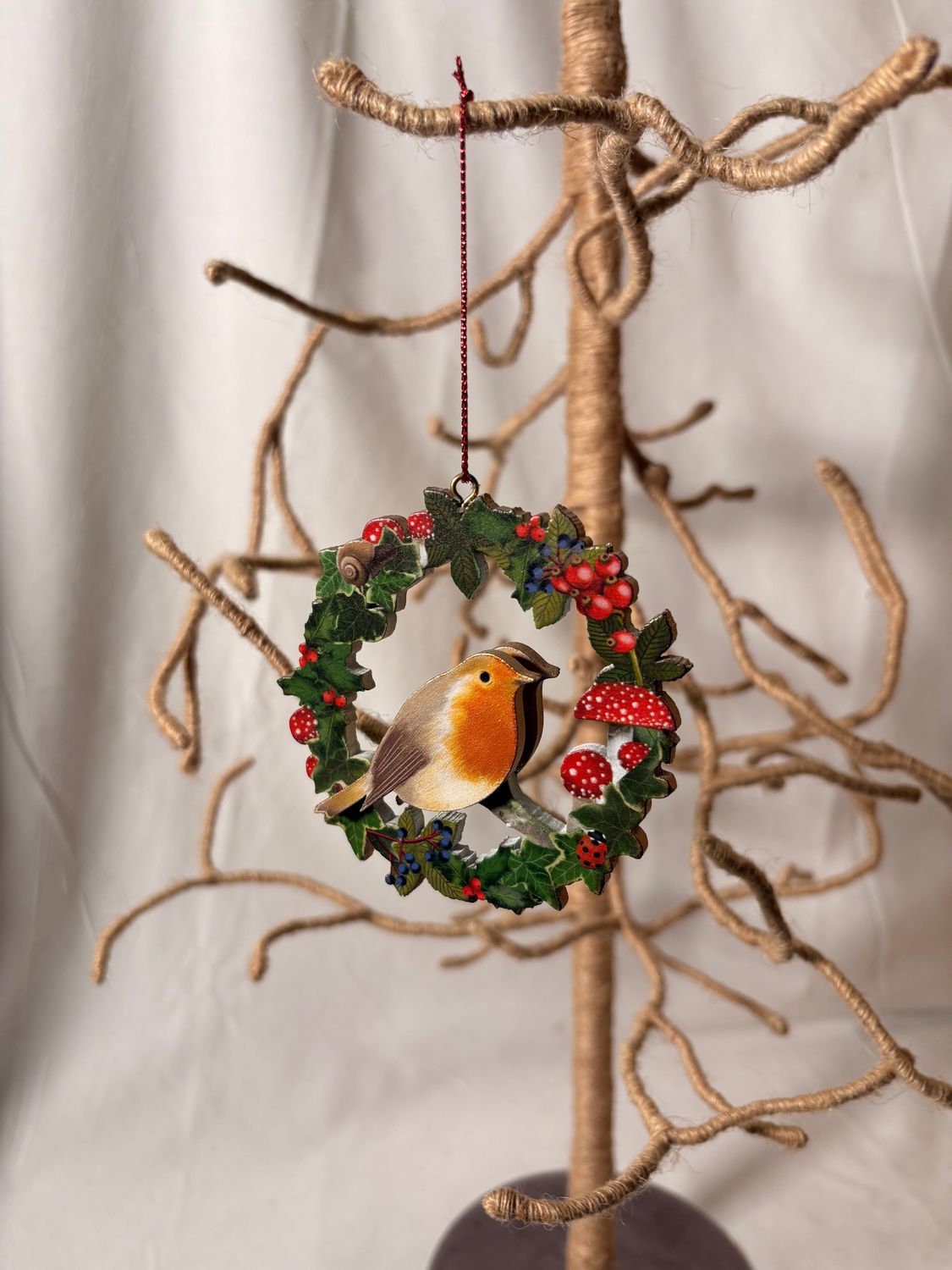 Wooden Bird in Wreath Ornament II 3.5"