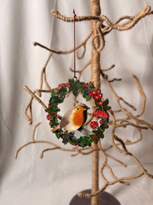 Wooden Bird in Wreath Ornament II 3.5"