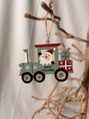 Wooden Santa in Green Train Ornament 2"