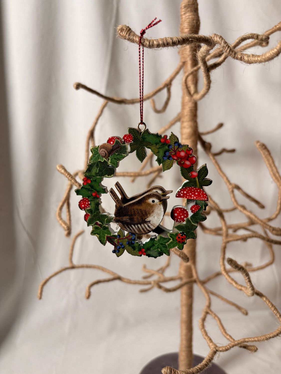Wooden Bird in Wreath Ornament I 3.5"