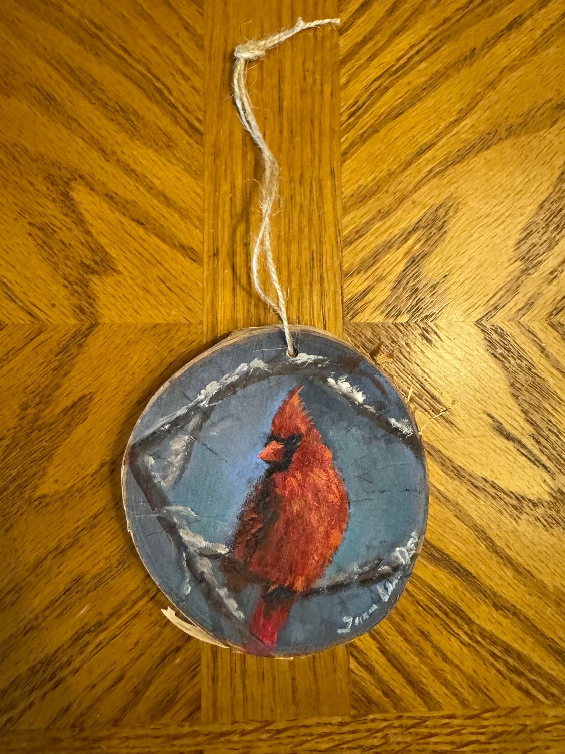 Tree Slice Ornament - Red Bird  - 4"Round
