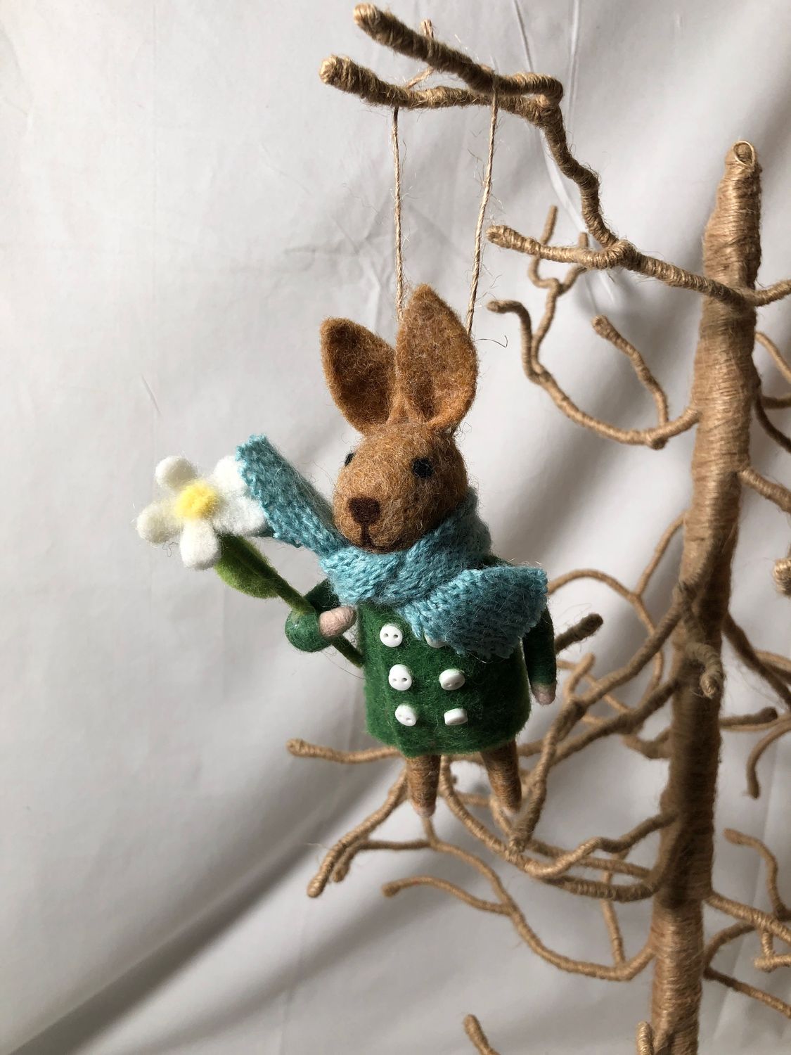 Felt Bunny in Green Jacket Holding Flower Ornament