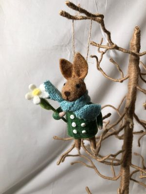 Felt Bunny in Green Jacket Holding Flower Ornament