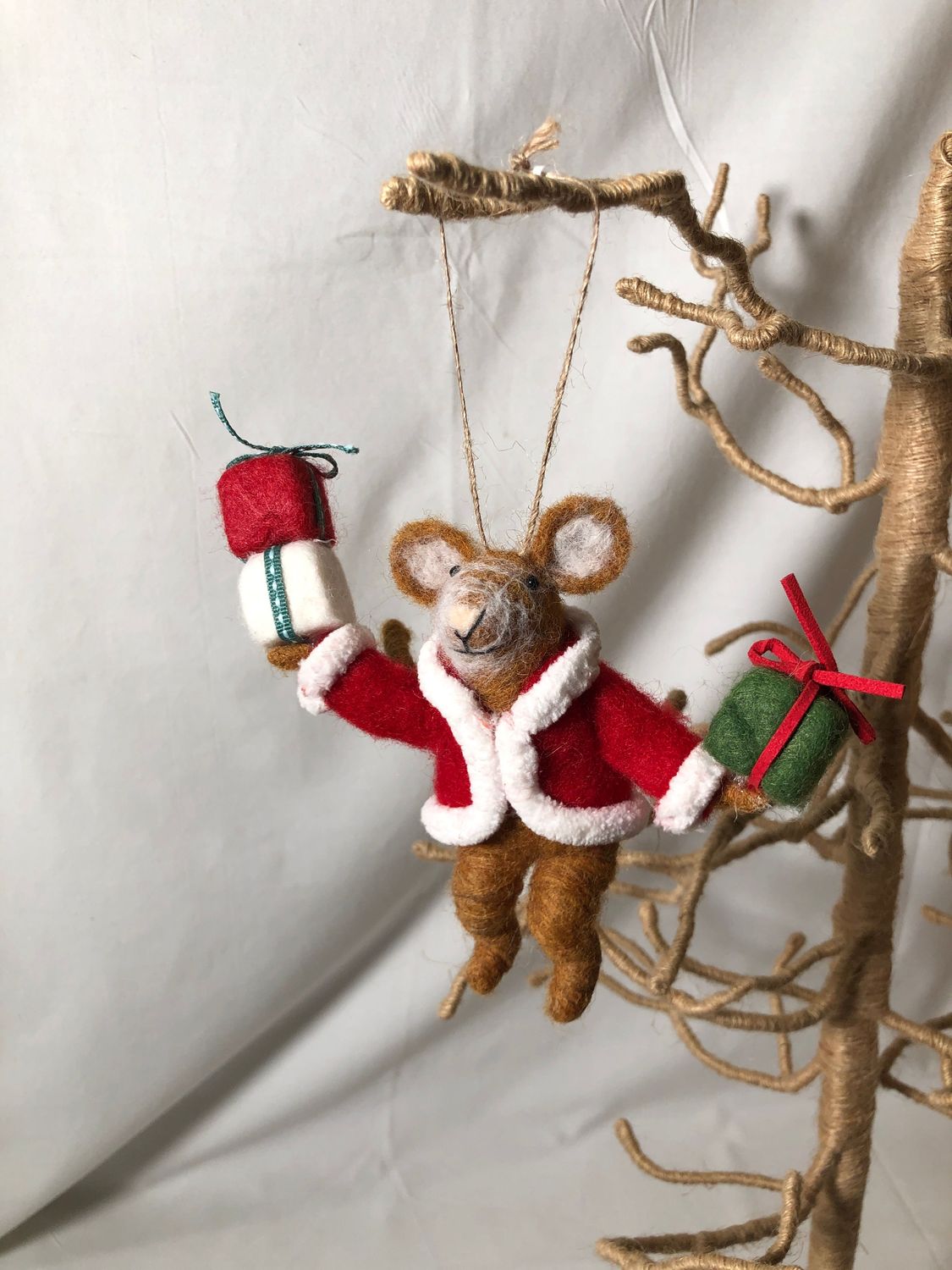 Felt Mouse in Santa Outfit w/Presents Ornament