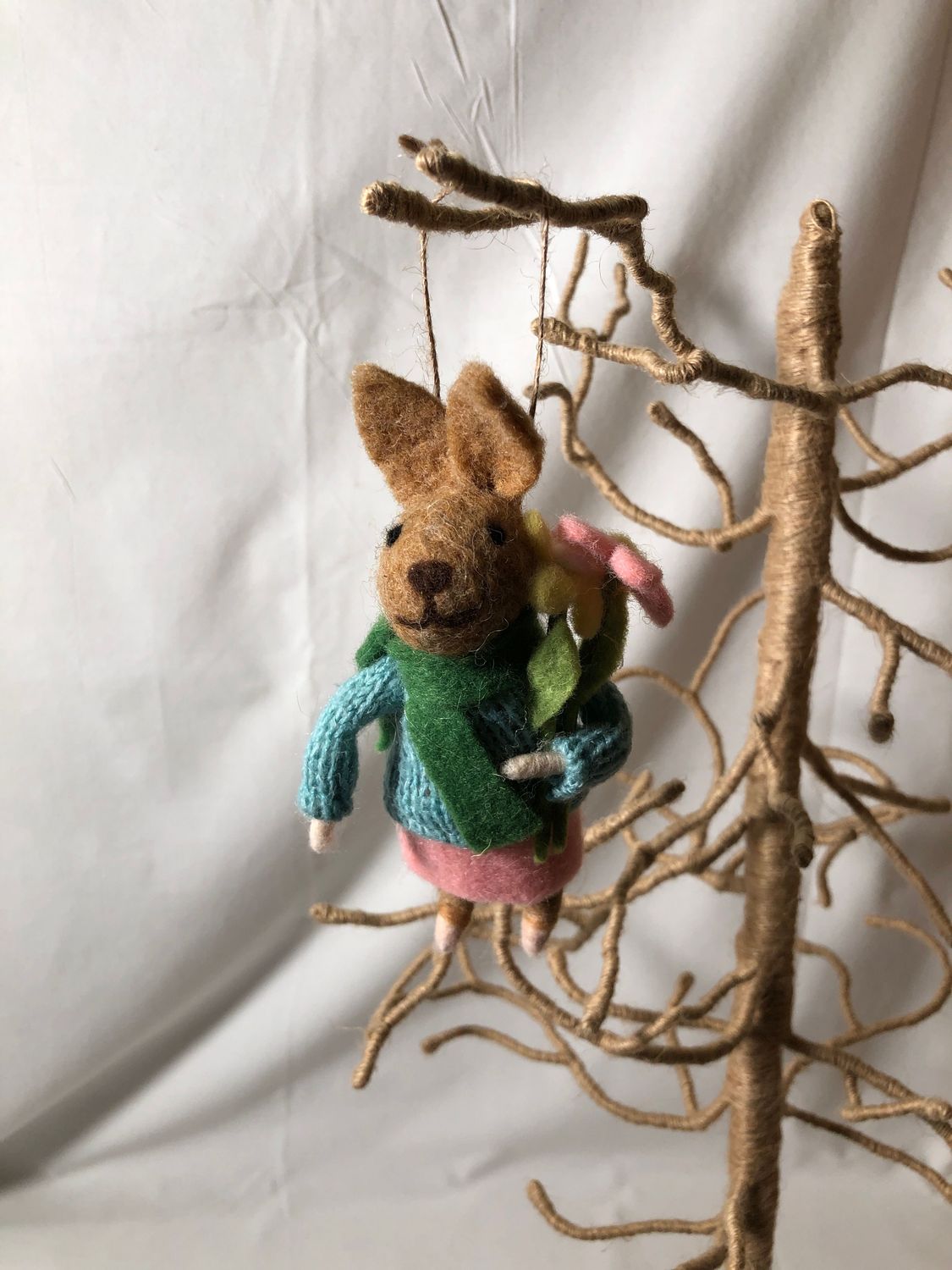 Felt Bunny in Pink Skirt Holding Flowers Ornament