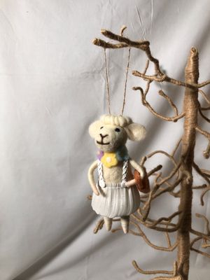 Felt Lamb in White Dress w/Floral Necklace Ornament