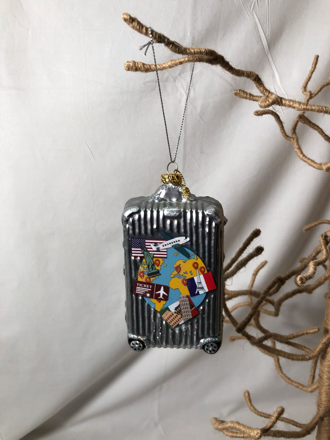 Glass Silver Suitcase Ornament